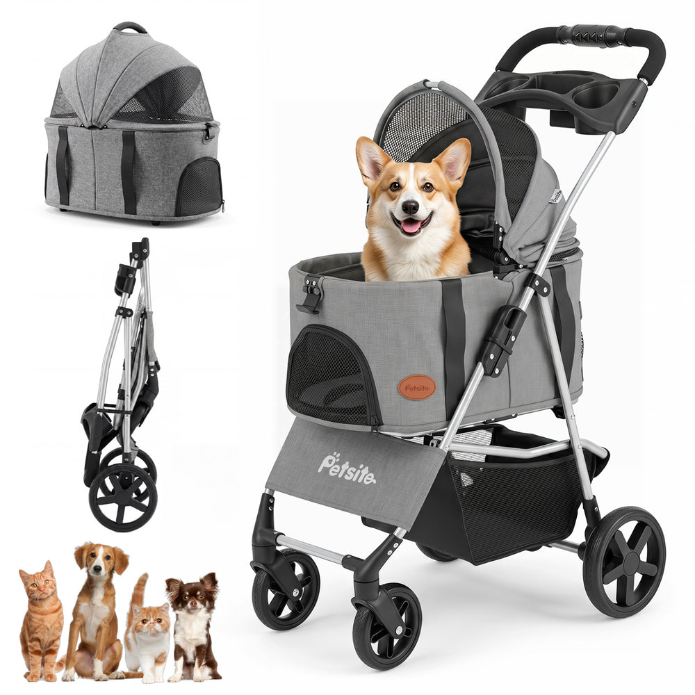 Gray 3-in-1 pet stroller for small to medium dogs with detachable carrier, foldable design, and breathable mesh windows.