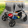Spacious bottom storage basket of a gray 3-in-1 pet stroller for carrying pet supplies and essentials.