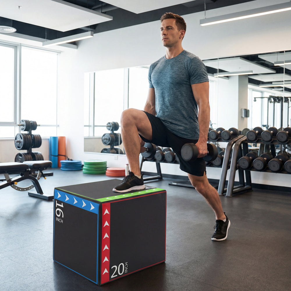 3-in-1 plyometric box shown at 20 inches, featuring a soft PU cover and resilient foam for safe HIIT workouts.