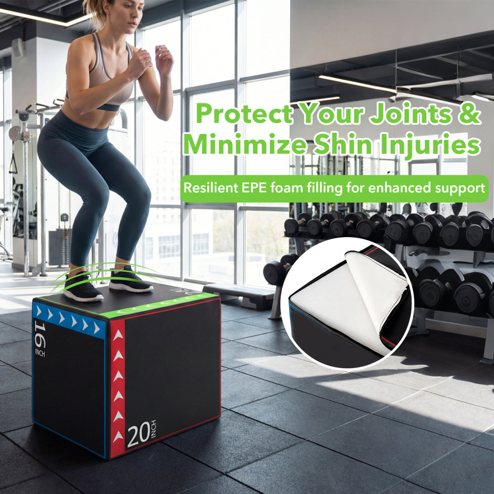 3-in-1 plyometric box with EPE foam, offering 16, 20, and 24-inch height options for versatile workouts.
