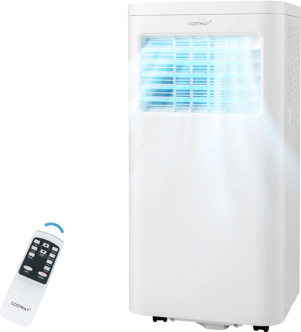 Portable air conditioner with remote control, 6000 BTU cooling for 250 sq.ft, featuring adjustable fan speeds and timer.
