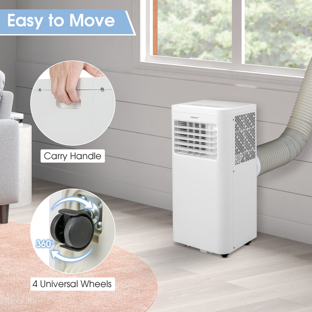 Portable air conditioner with 4 universal wheels and carry handle, designed for easy mobility and cooling 250 sq.ft.