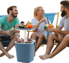 3-in-1 portable cooler bar table in blue, used as a cocktail table with drinks, perfect for camping and poolside.