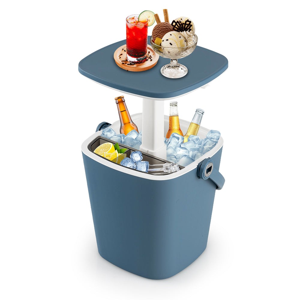 Portable cooler bar table in blue with lift top lid, integrated bottle opener, and 4-gallon capacity for outdoor use.