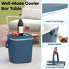 Portable blue cooler bar table with lift top lid, bottle opener, and 4-gallon capacity for camping and poolside use.