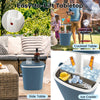 3-in-1 portable cooler bar table in blue, featuring easy-lift lid and locking button, perfect for camping and poolside.