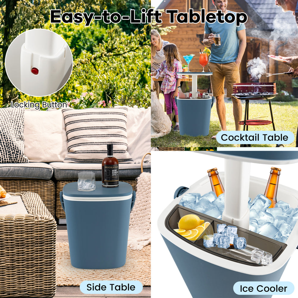 3-in-1 portable cooler bar table in blue, featuring easy-lift lid and locking button, perfect for camping and poolside.