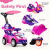 3-in-1 pink push car for toddlers with removable guardrail, seat belt, and anti-slip foot pedals for safe riding.