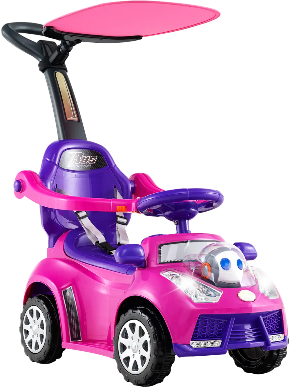 3-in-1 pink push car for toddlers with adjustable canopy, realistic steering wheel, and interactive buttons for fun.