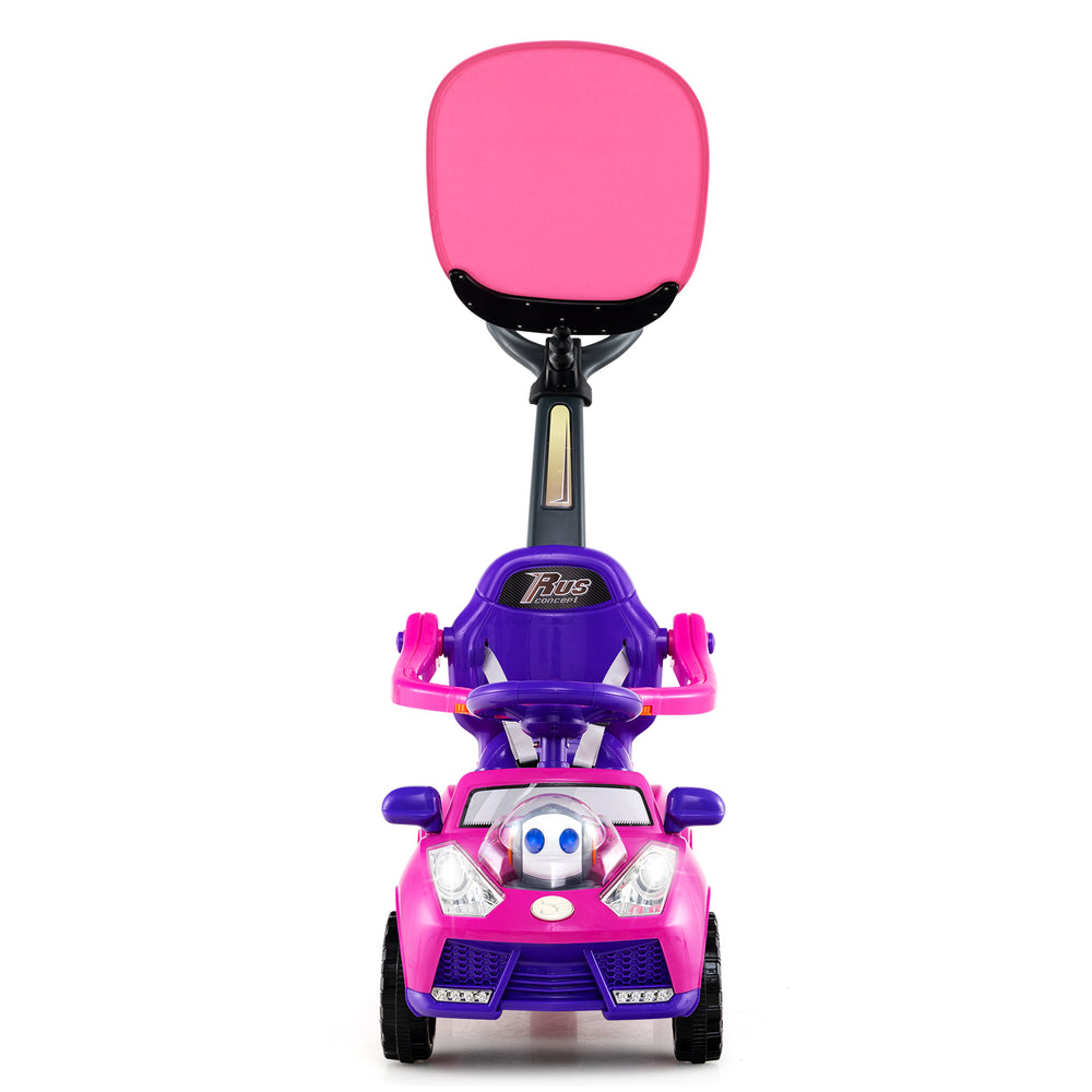 3-in-1 pink push car for toddlers with a steering wheel, removable guardrail, and adjustable canopy for safe play.