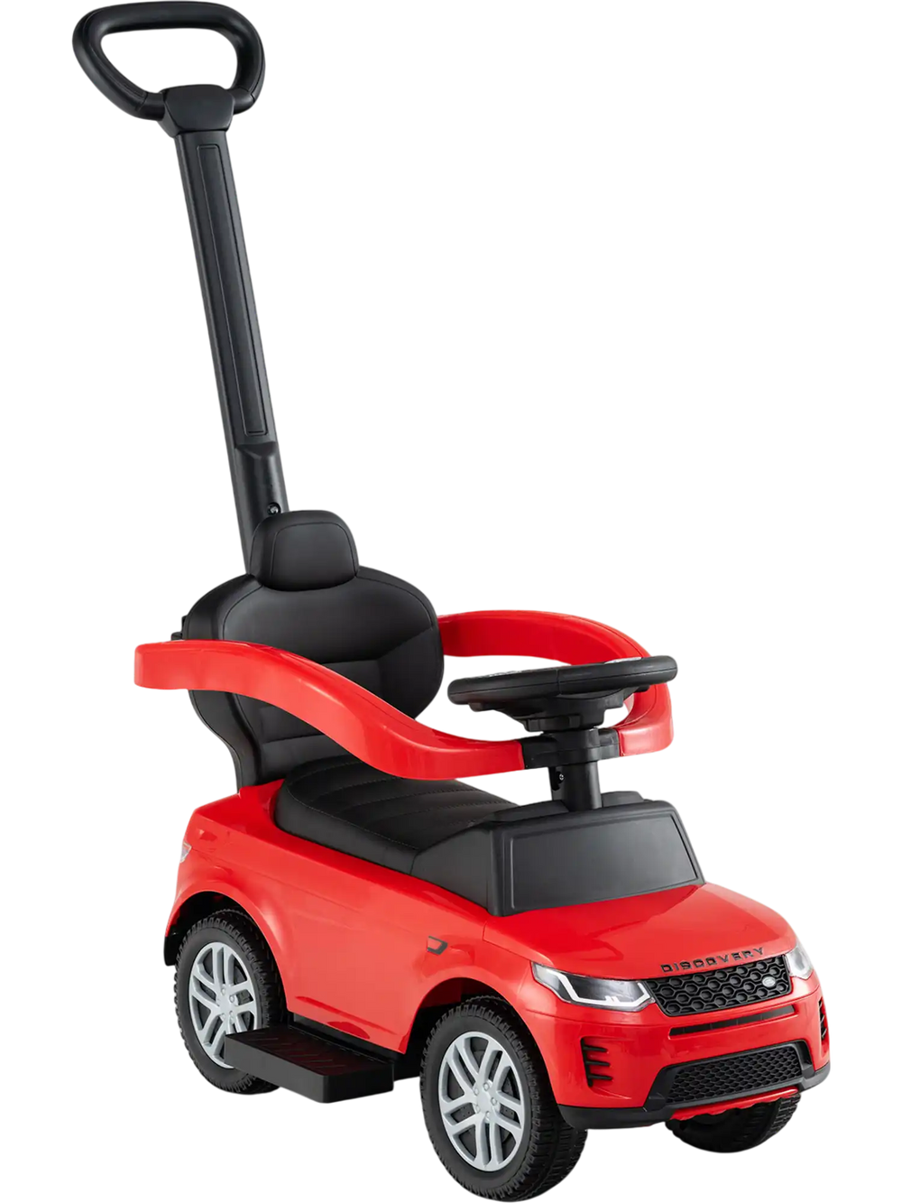 Red 3 in 1 push car for kids with removable handle, guardrail, and under-seat storage, ideal for ages 18-36 months.