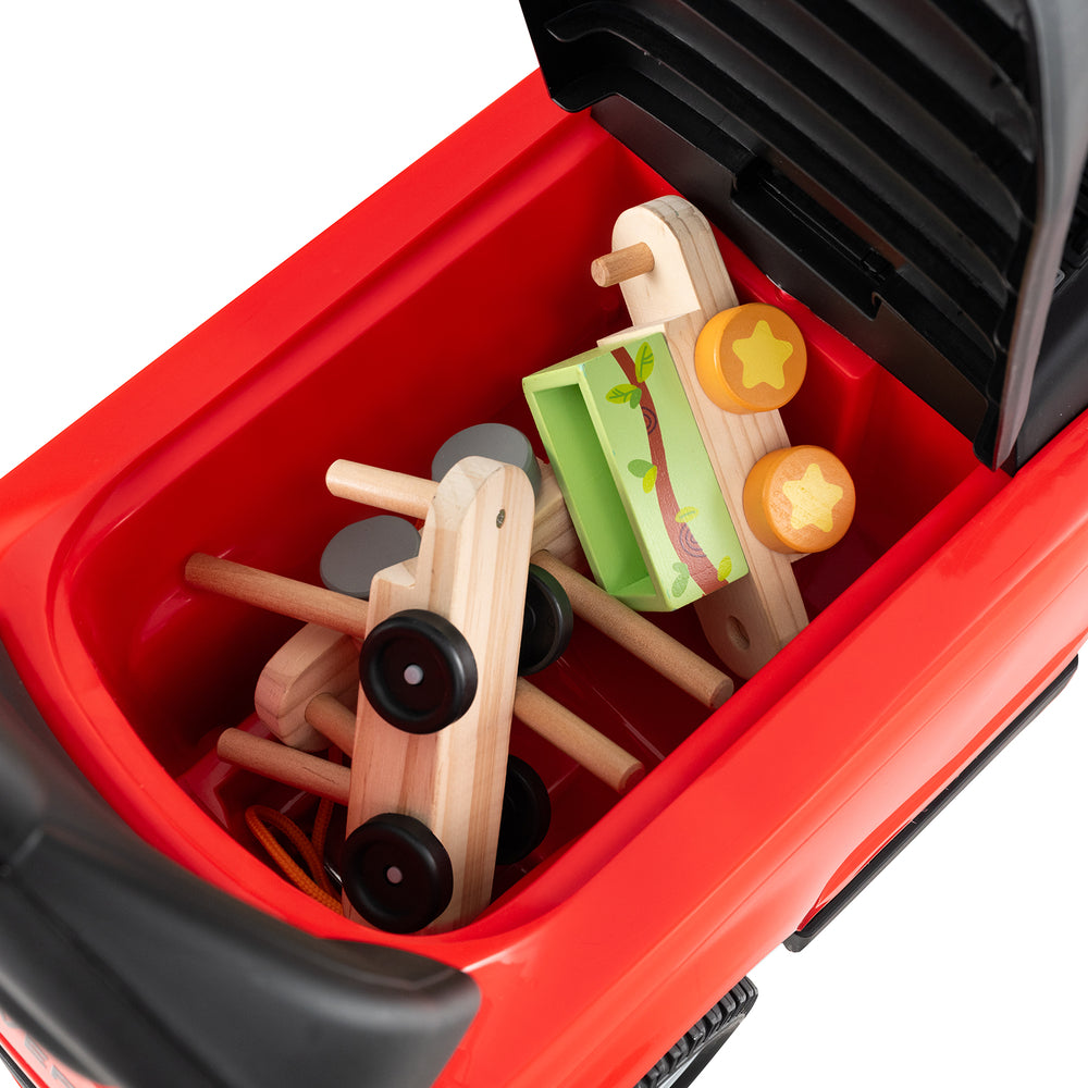 Red 3 in 1 push car with removable handle, featuring under-seat storage for toys and accessories for kids aged 18-36.