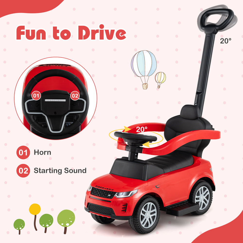 Red 3 in 1 push car with removable handle, horn, and starting sound, designed for kids 18-36 months old.