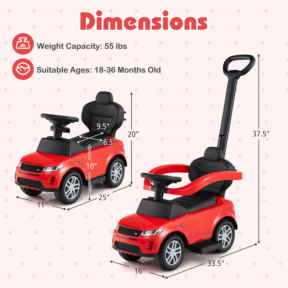 3 in 1 red push car with removable handle and guardrail, suitable for kids 18-36 months, featuring storage and safety.