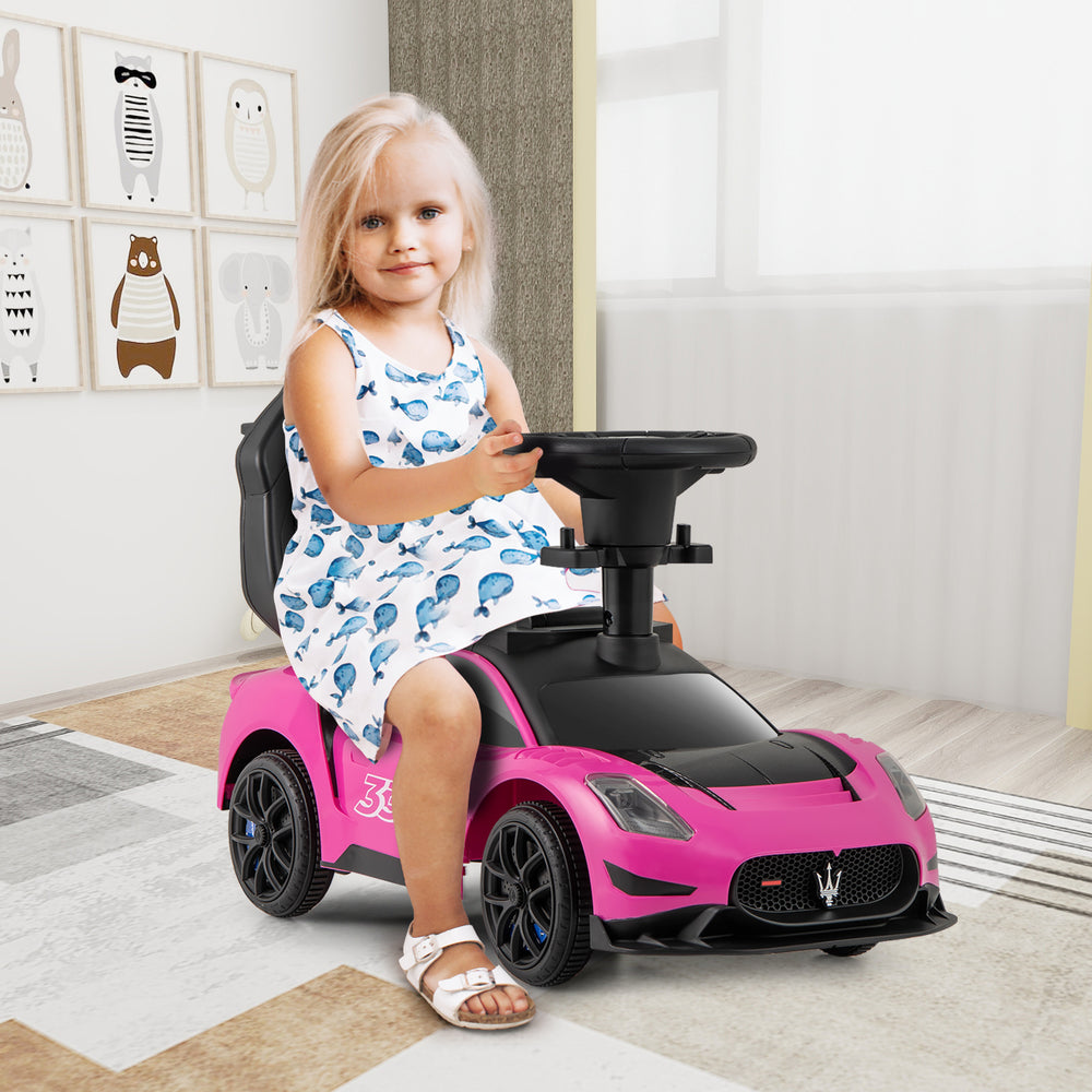 Pink Maserati licensed 3-in-1 ride-on push car with musical steering wheel, suitable for kids aged 18-60 months.