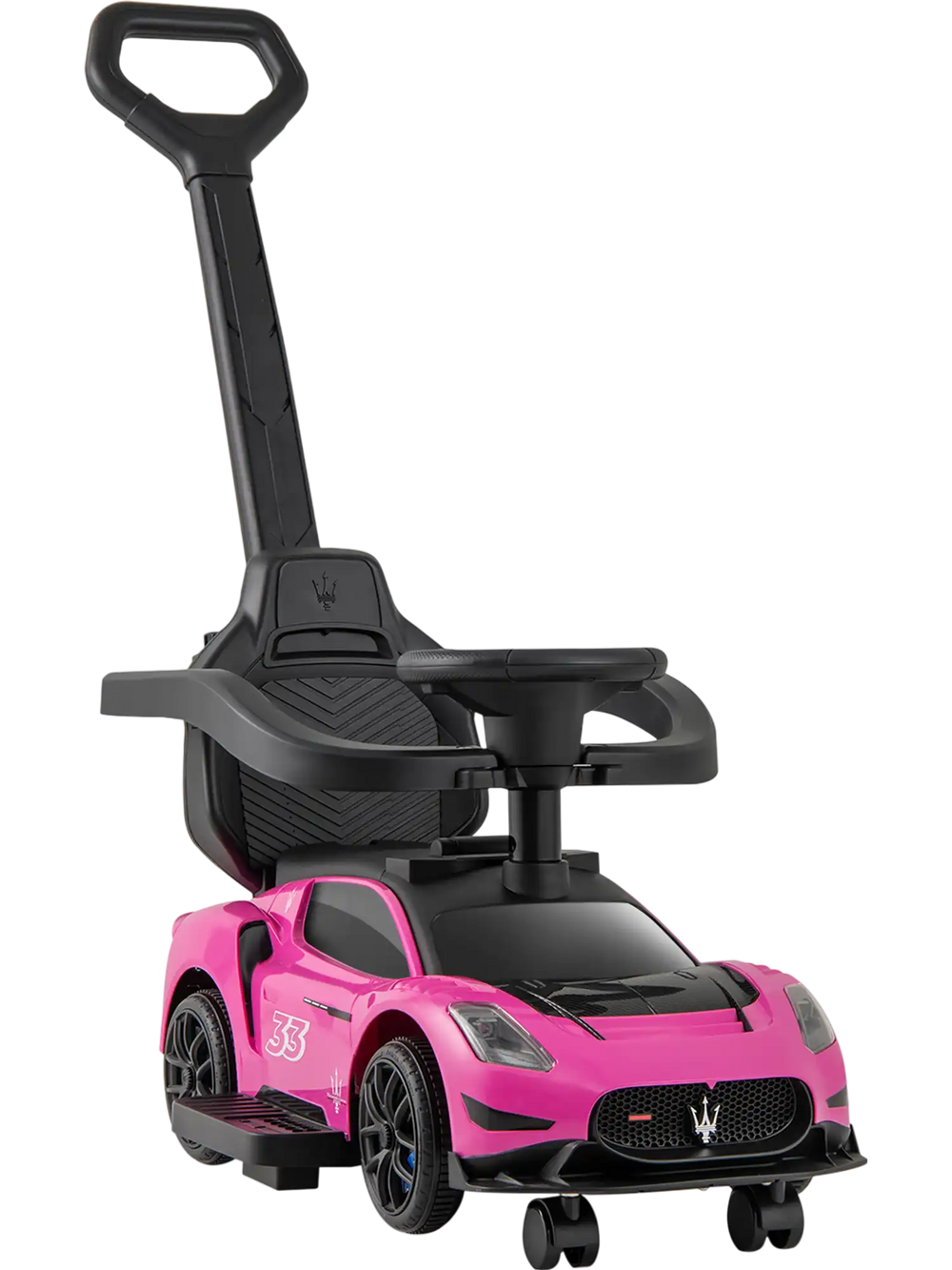 Pink Maserati licensed 3-in-1 ride-on push car with detachable handle, musical steering wheel, and under-seat storage.