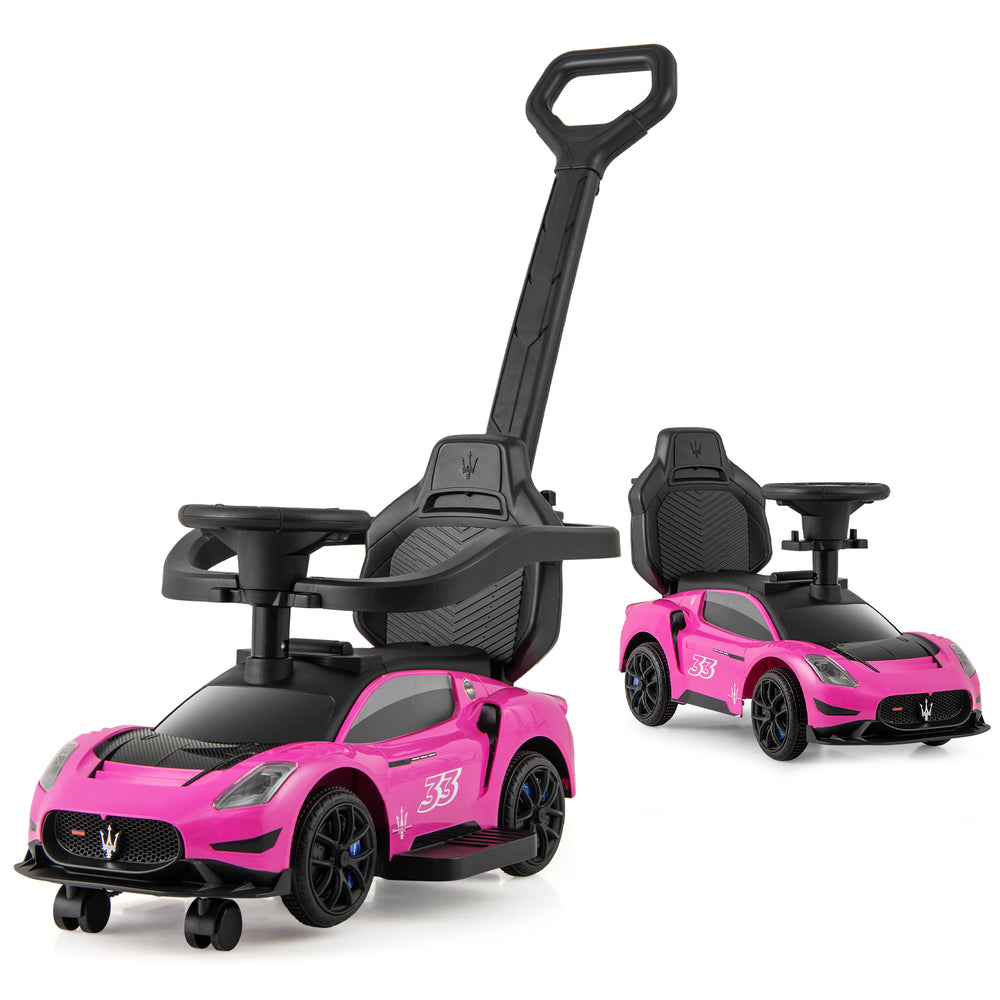 3-in-1 pink Maserati licensed ride-on push car with detachable handle, musical steering wheel, and under-seat storage.