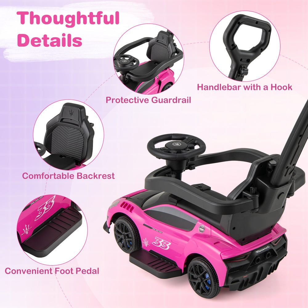 Maserati licensed pink 3-in-1 ride-on push car with musical steering wheel, protective guardrail, and comfortable.