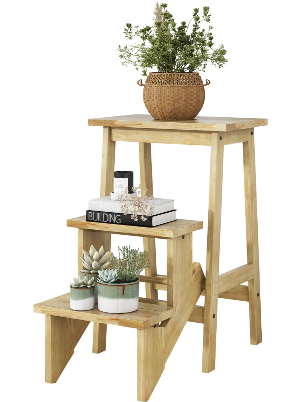 3-in-1 rubber wood step stool with handle, featuring anti-slip surface and wide pedals for safe standing and.