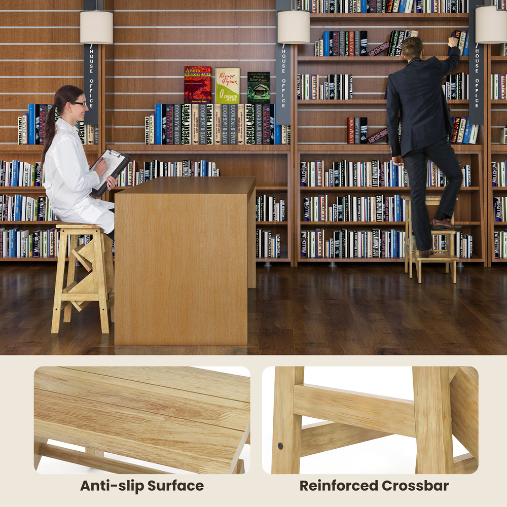 3-in-1 rubber wood step stool with anti-slip surface, convenient handle, and reinforced crossbar for versatile use.