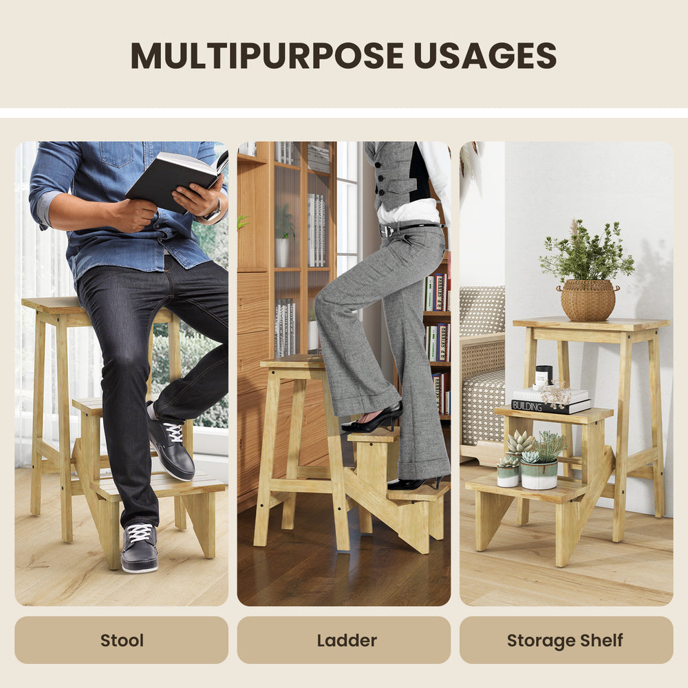 3-in-1 rubber wood step stool shown as a stool, ladder, and storage shelf for versatile home use and convenience.