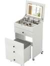 Small white vanity desk set with flip-top mirror, lights, drawers, and stool, perfect for small spaces and easy.