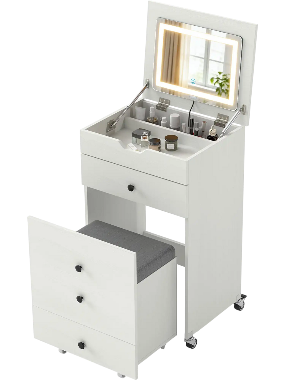 Small white vanity desk set with flip-top mirror, lights, drawers, and stool, perfect for small spaces and easy.
