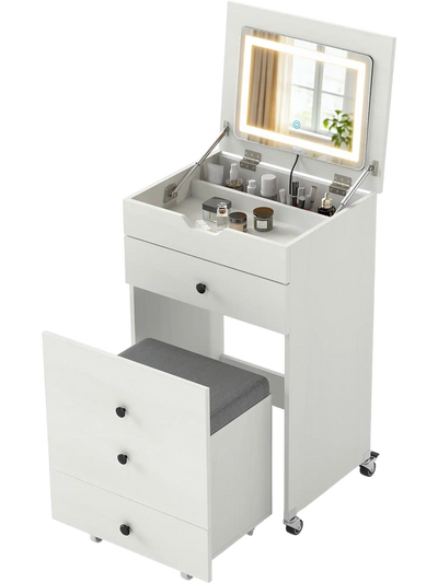 Costway 3-in-1 Small Vanity Desk Set Flip-Top Mirror Lights Drawers Stool 13926110 New