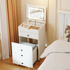 Small white vanity desk set with flip-top mirror, lights, and drawers, ideal for small spaces and versatile use.