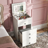 Small white vanity desk set with flip-top mirror, lights, drawers, and stool, perfect for small rooms and apartments.