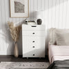 Small white vanity desk set with flip-top mirror, drawers, and stool, perfect for small rooms and versatile use.