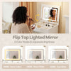 Flip-top lighted mirror with adjustable brightness in a 3-in-1 small vanity desk set, perfect for small spaces.