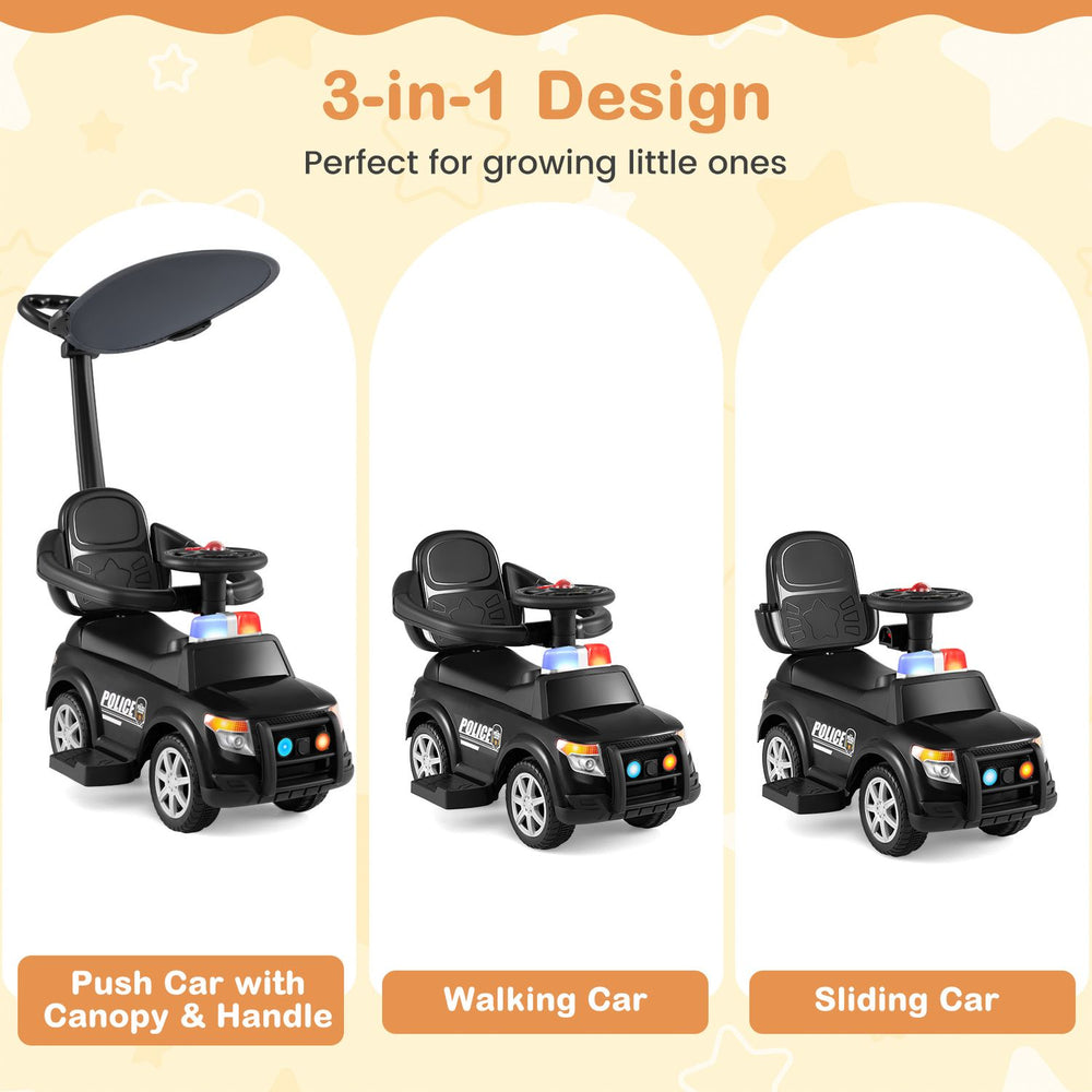 3-in-1 toddler push car features a canopy and handle, serving as a stroller, walking assist, and sliding car for active play.