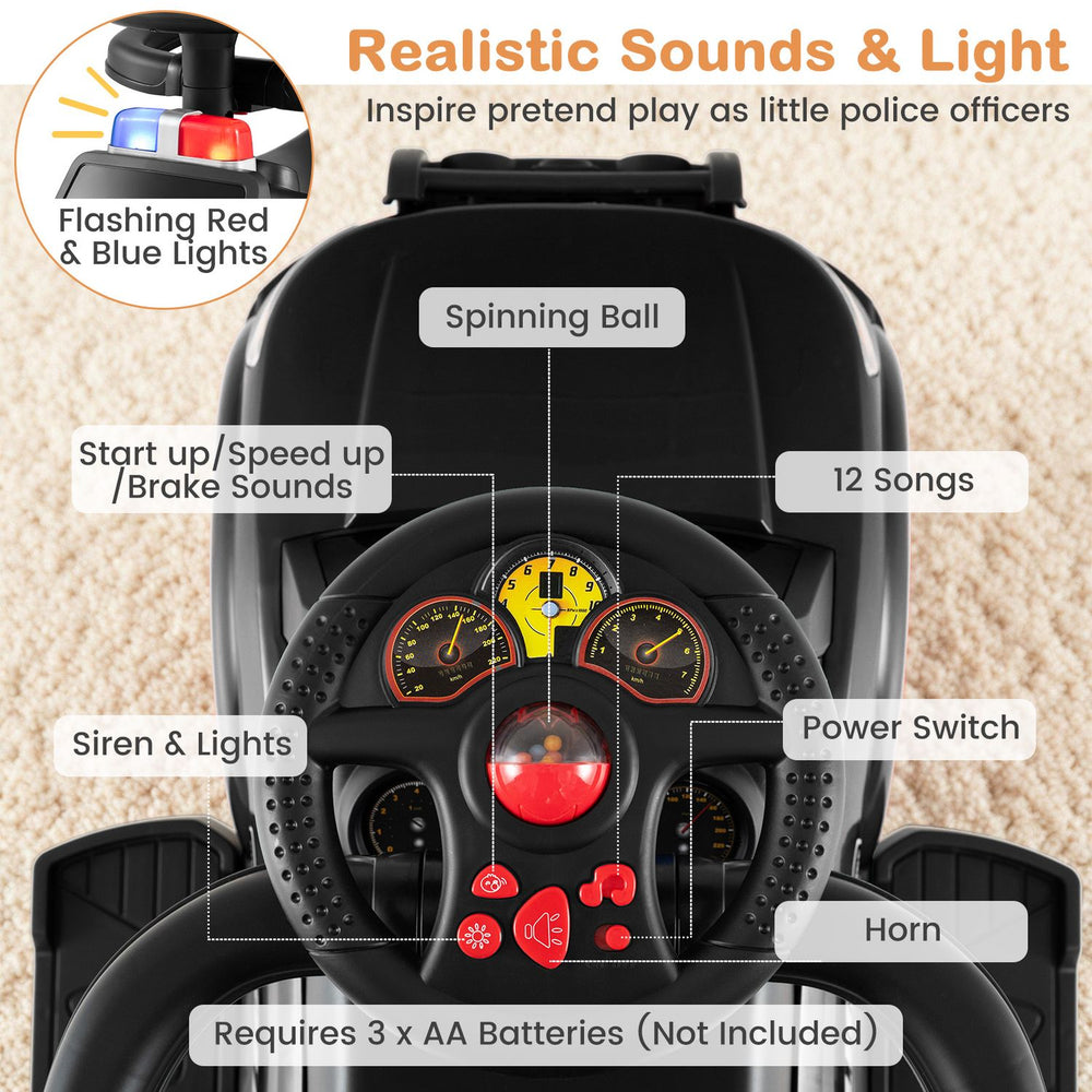 Toddler push car with handle and canopy features realistic siren sounds, lights, and ergonomic steering for fun outdoor play.