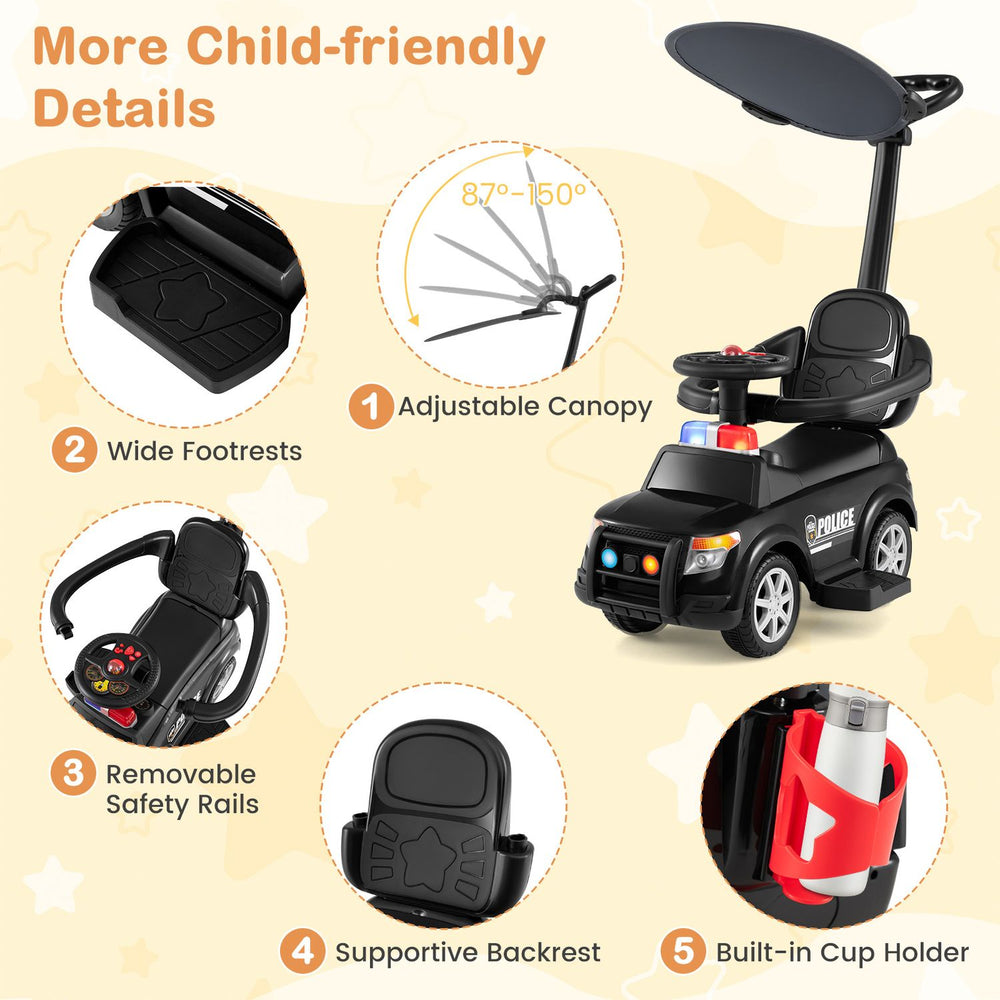 3-in-1 toddler push car in black features an adjustable canopy, removable safety rails, and a built-in cup holder for comfort.