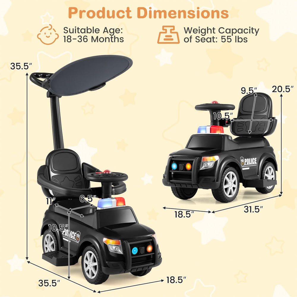 3-in-1 toddler push car features a black police design with a canopy, siren, and adjustable handle for outdoor fun.