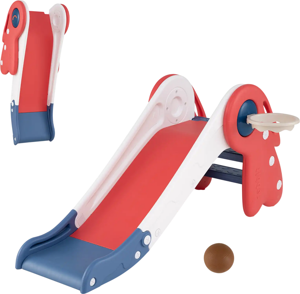 3 in 1 toddler slide playset in red and blue with basketball hoop, safe climbing features, ideal for indoor and outdoor.
