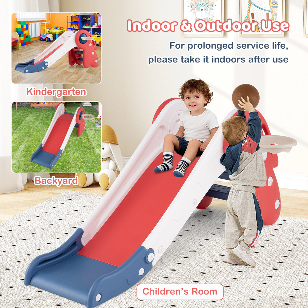 Toddler slide playset in red with climbing features and basketball hoop, perfect for indoor and outdoor fun.