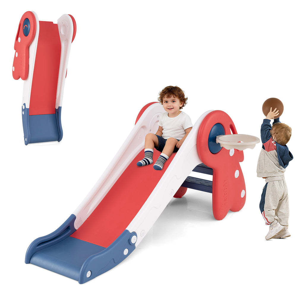 Toddler slide climber playset in red with basketball hoop, featuring safe handrails and foldable design for easy.