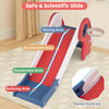 Toddler slide playset in red with raised handrails, featuring climbing, sliding, and basketball for indoor or outdoor.