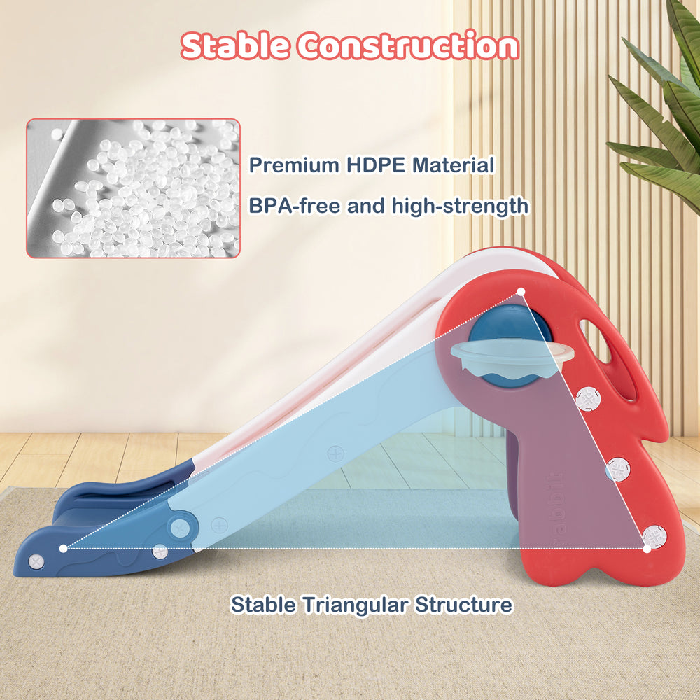 Toddler slide playset in red with basketball hoop, made of premium HDPE, featuring a stable triangular structure for.