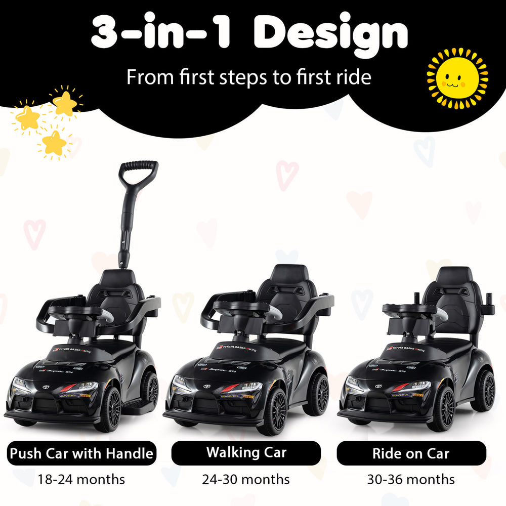 3-in-1 Toyota licensed foot-to-floor car in black, adaptable for push, walk, and ride modes for toddlers aged 18-36.