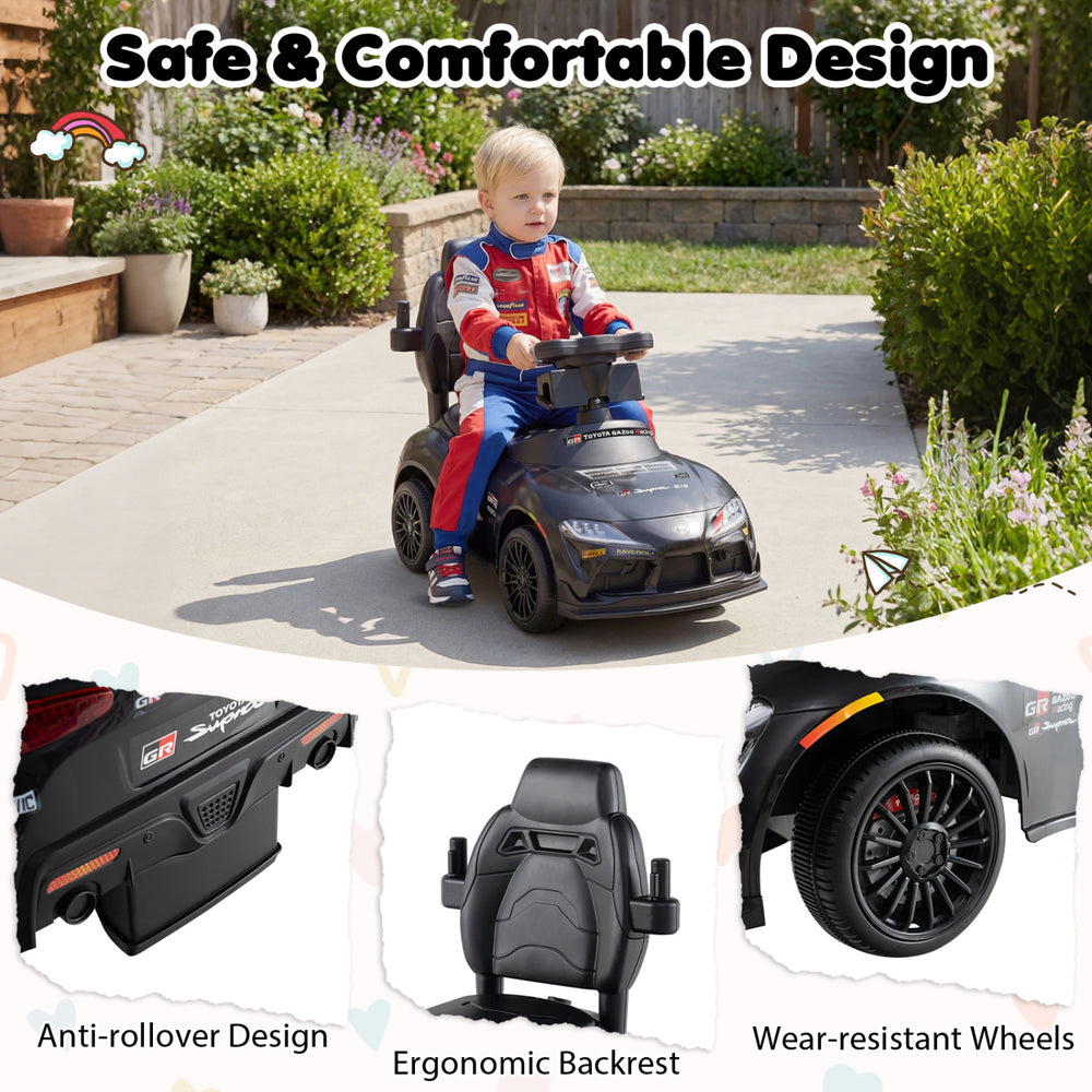 3-in-1 Toyota licensed foot-to-floor stroller in black with ergonomic backrest and wear-resistant wheels for safe.