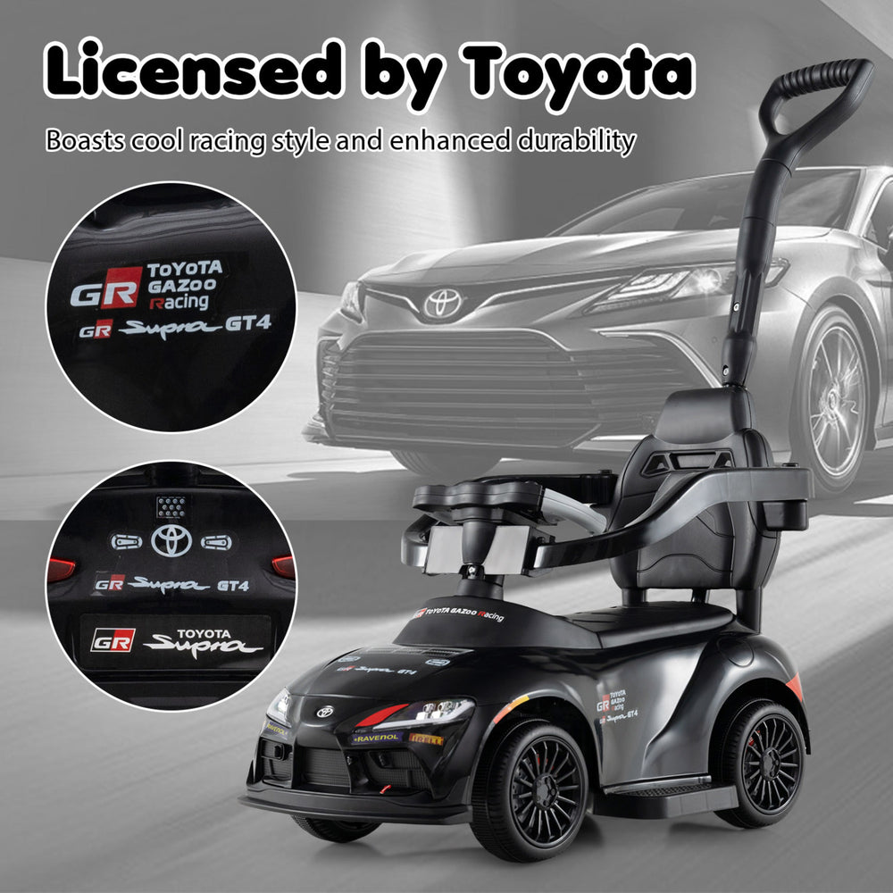 3-in-1 Toyota licensed foot-to-floor stroller in black with racing graphics, designed for secure and fun toddler rides.