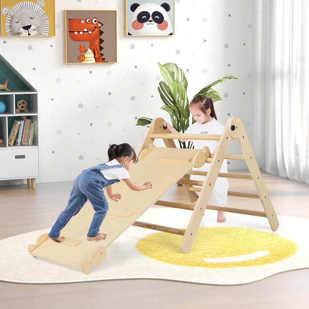 Kids playing on a foldable 3-in-1 climbing set with a triangular ladder and ramp in a bright indoor setting.