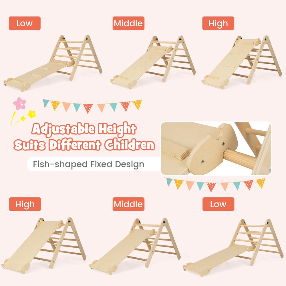 Adjustable height kids' climbing triangle set with foldable design, suitable for various play scenarios and safety.