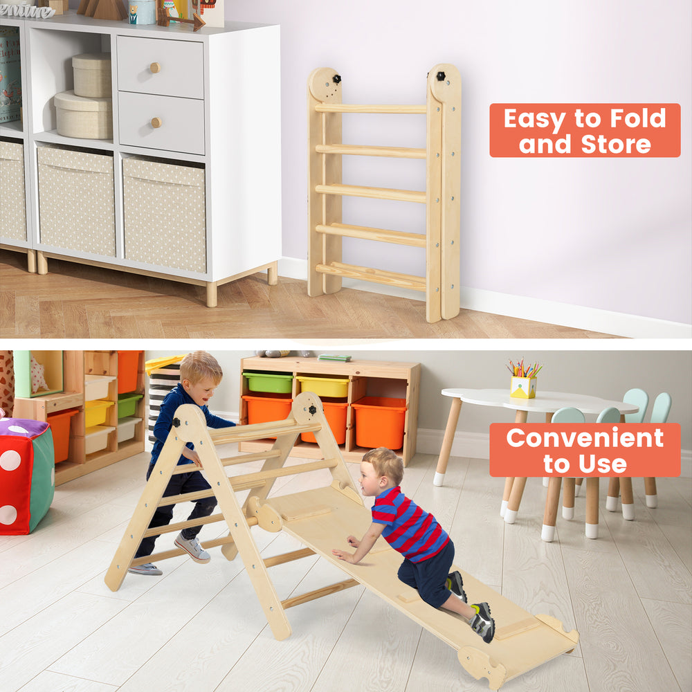 Foldable 3-in-1 climbing set for kids, featuring a triangular ladder and adjustable ramp for safe indoor play.