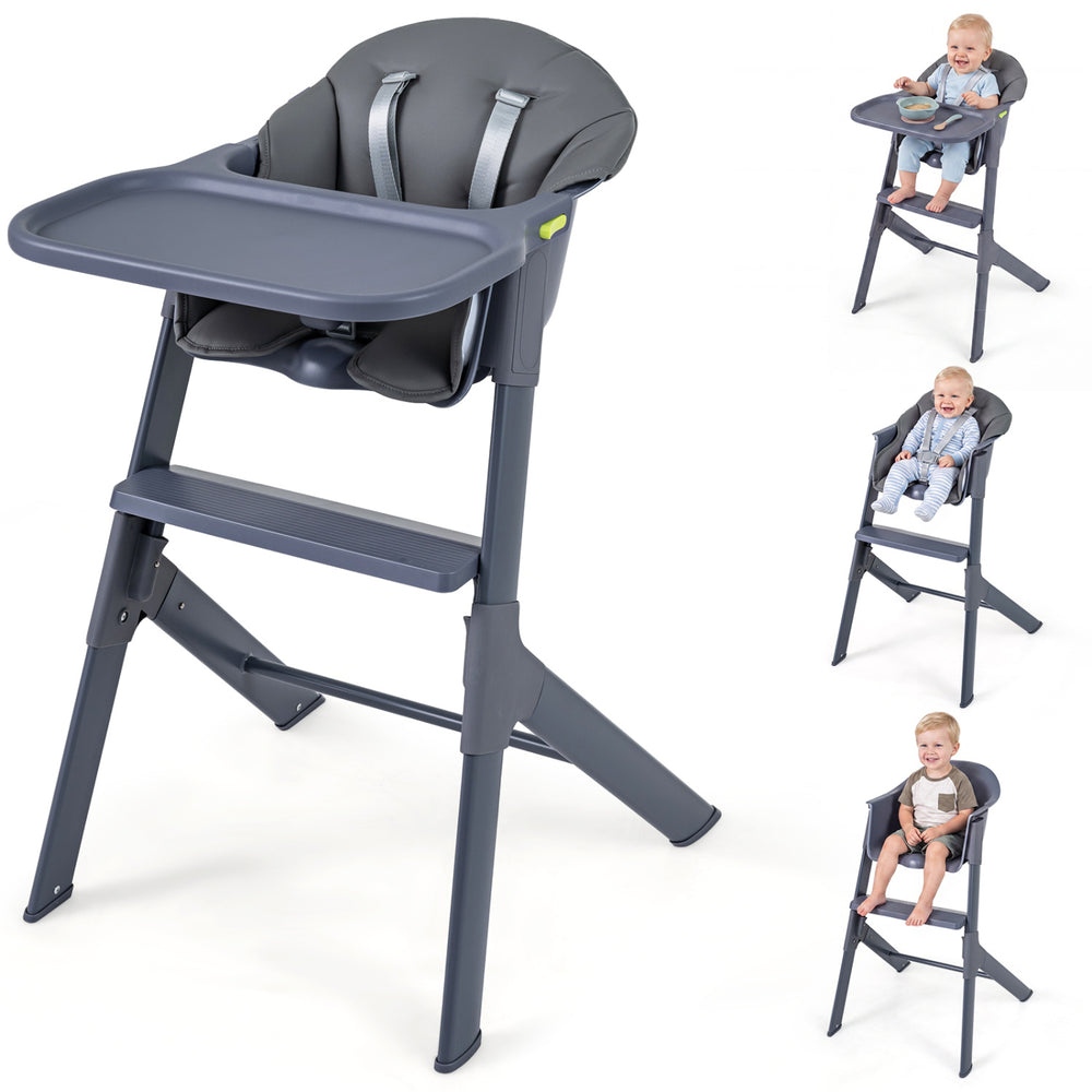 Gray 3-in-1 washable baby high chair with adjustable tray and built-in footrest for infants and toddlers.