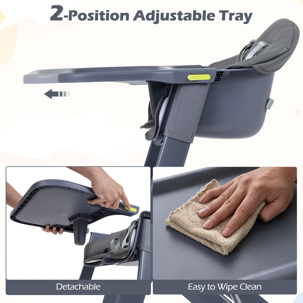 Adjustable tray of the 3-in-1 washable baby high chair in gray, designed for easy cleaning and optimal feeding comfort.