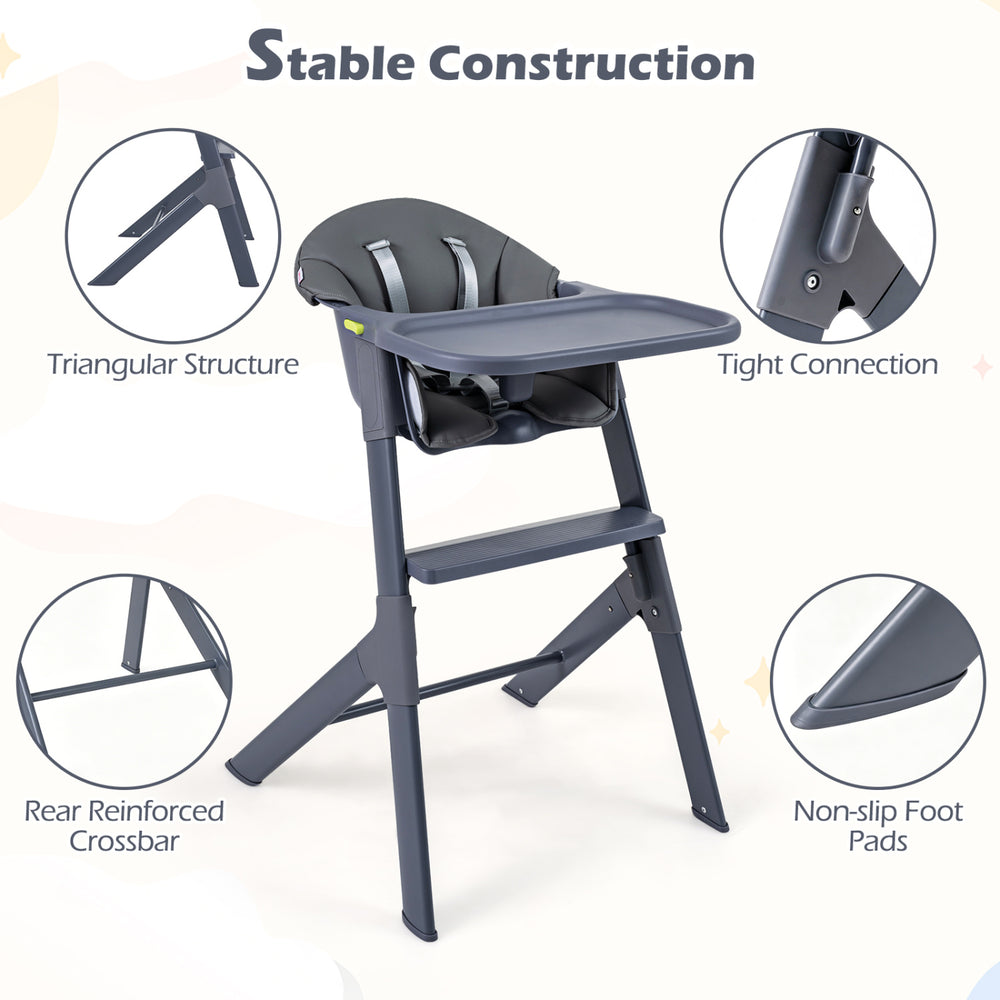 3-in-1 washable baby high chair in gray with adjustable tray, stable metal legs, and non-slip foot pads for safety.